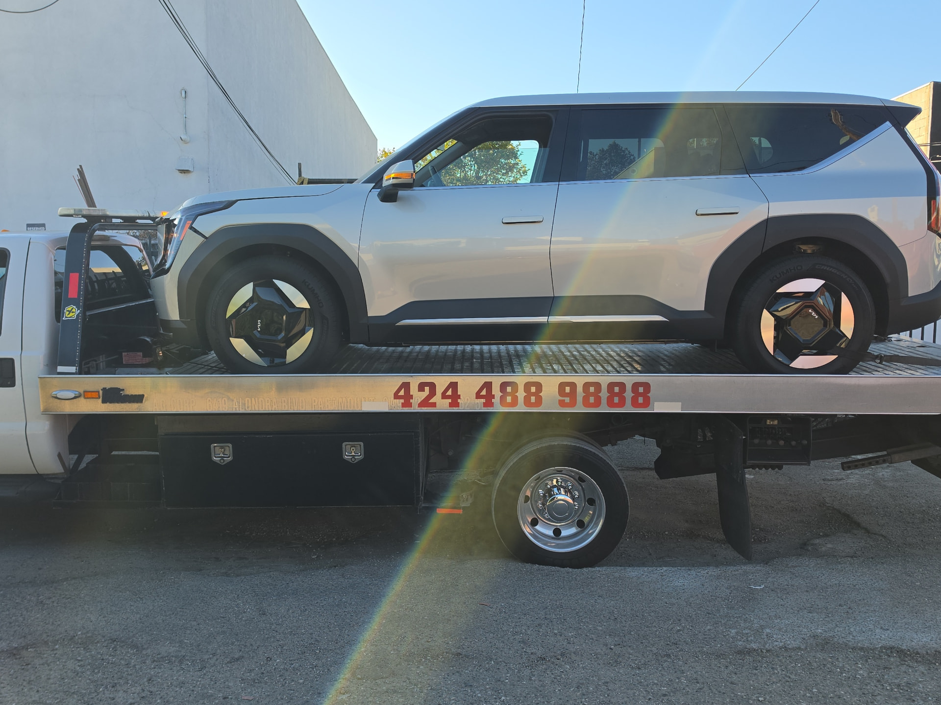 Vehicle secured on the Towing GTA flatbed after recovery